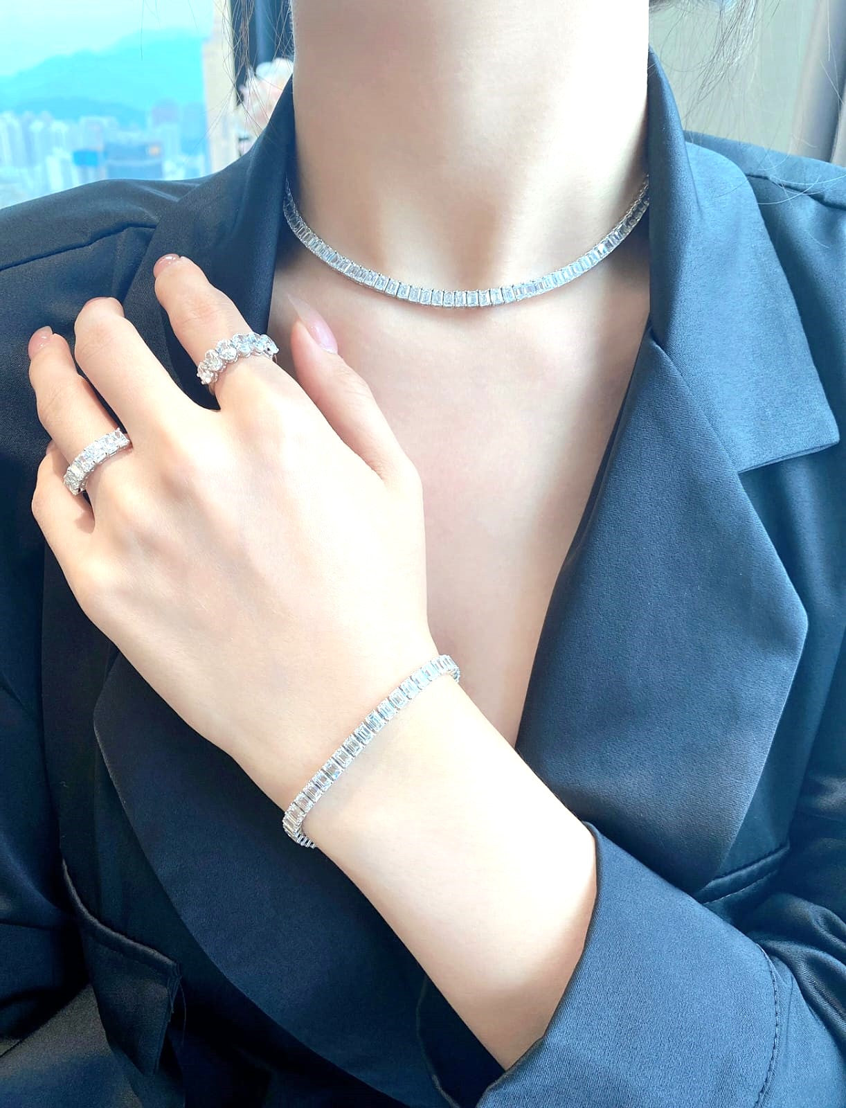 18k White Gold Tennis Necklace with D-G Color, VS-IF Clarity Emerald Cut Diamonds