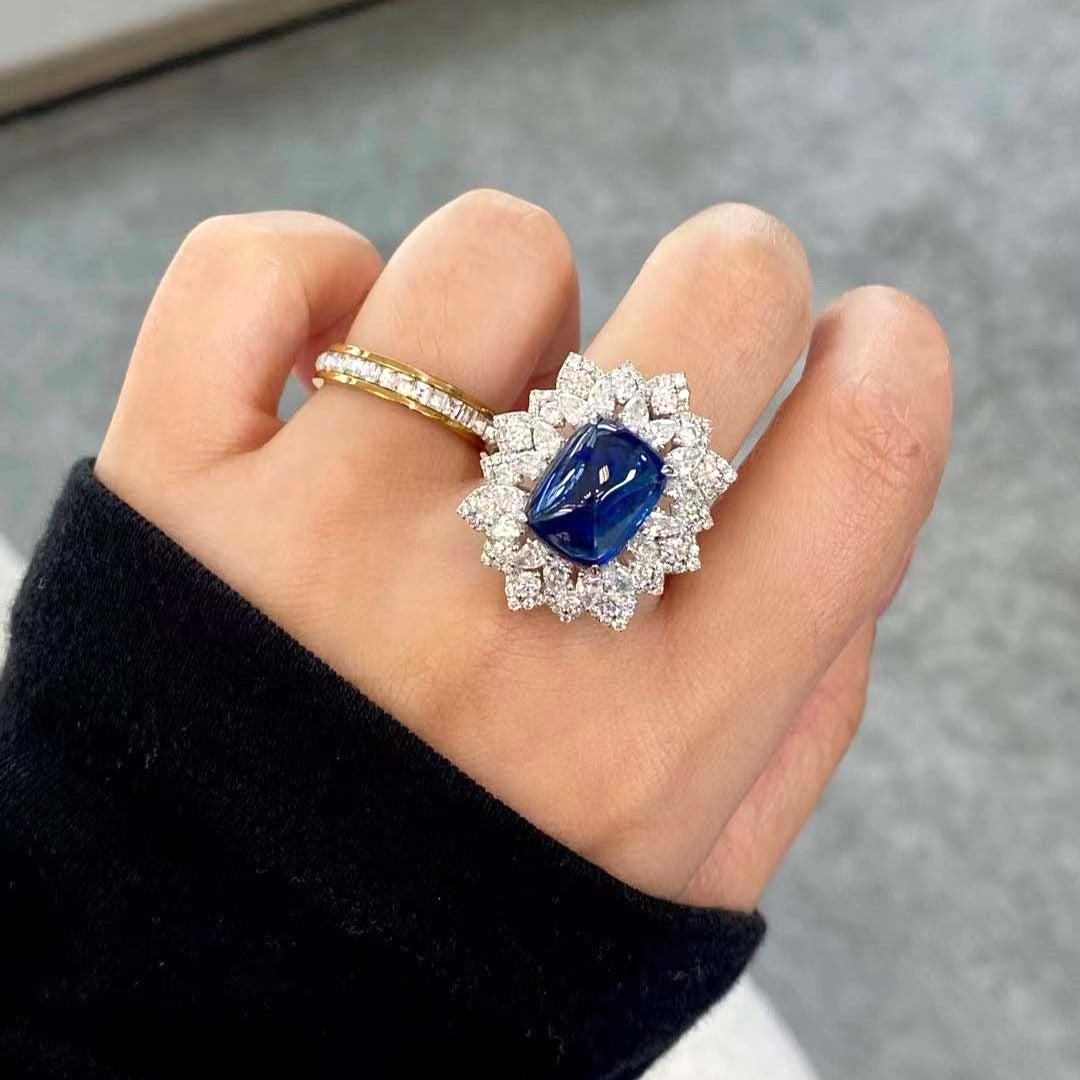 11.46ct Natural Unheated Blue Sapphire Diamond 18k Gold Cocktail Ring