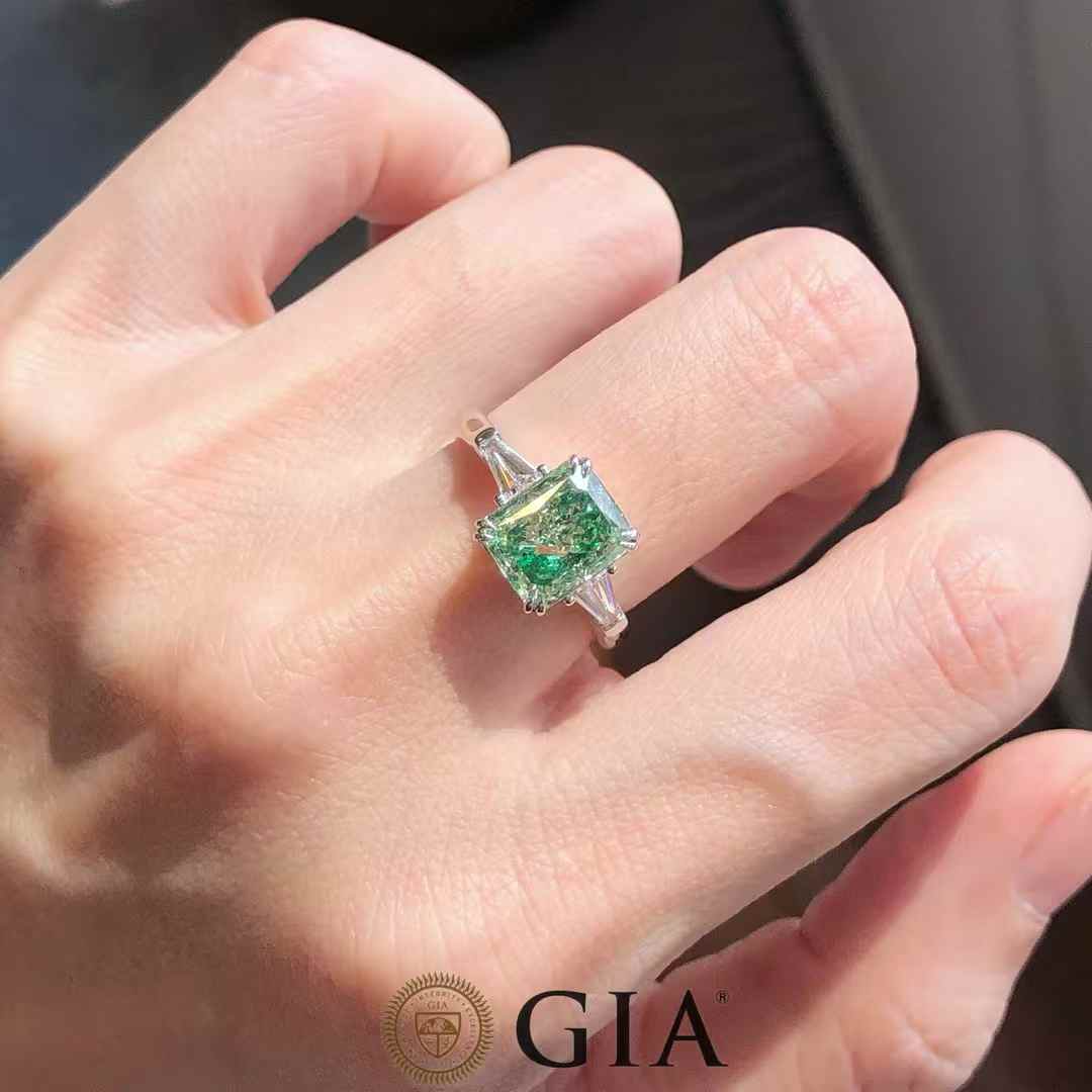 2.56ct Radiant Cut Fancy Light Greenish Yellow Diamond Ring with Side Diamonds in 18k White Gold