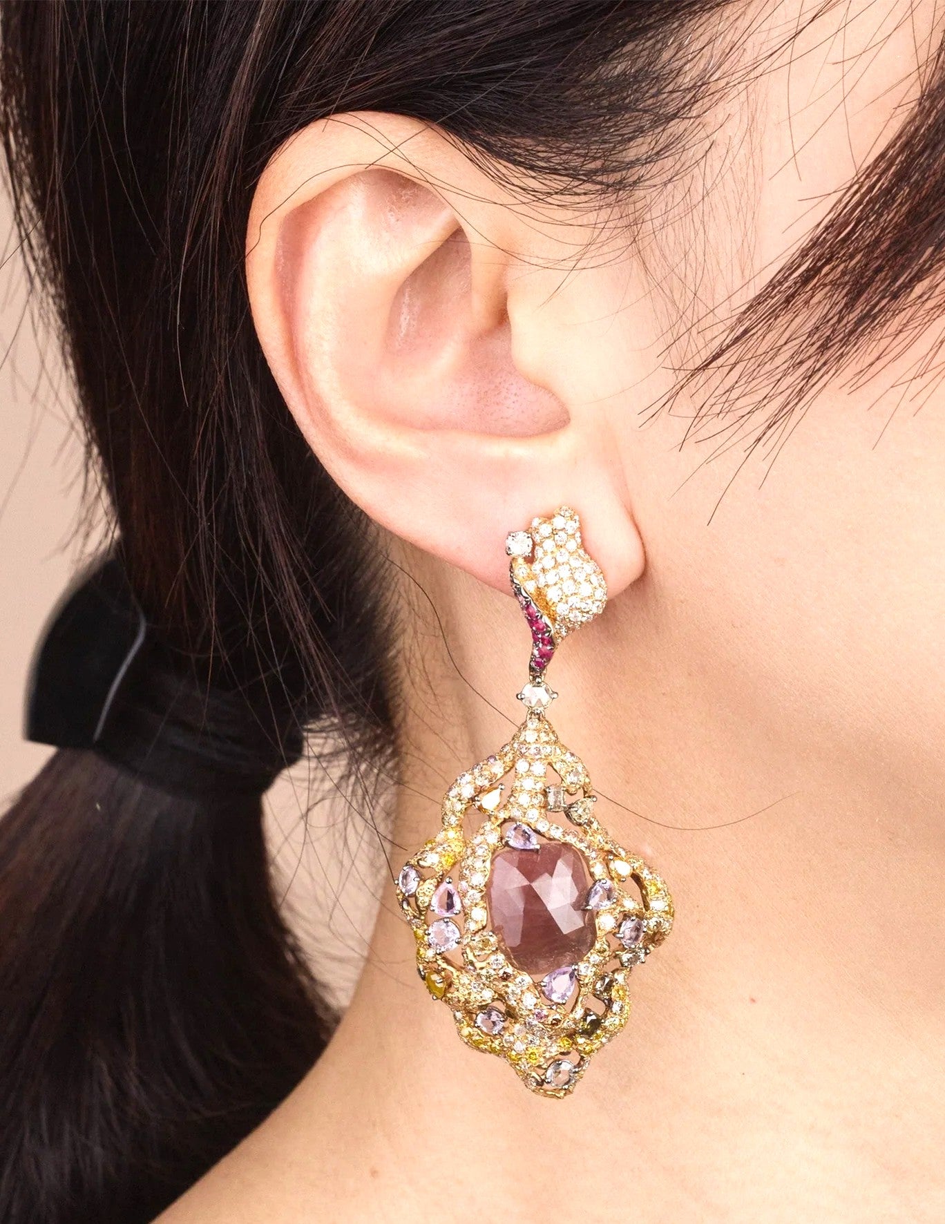 18K Solid Gold Drop Dangle Earrings with Color Sapphires, Ruby & Diamonds
