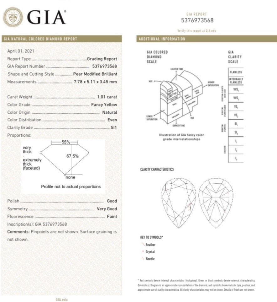 GIA Certified Pear Cut Fancy Yellow Diamond