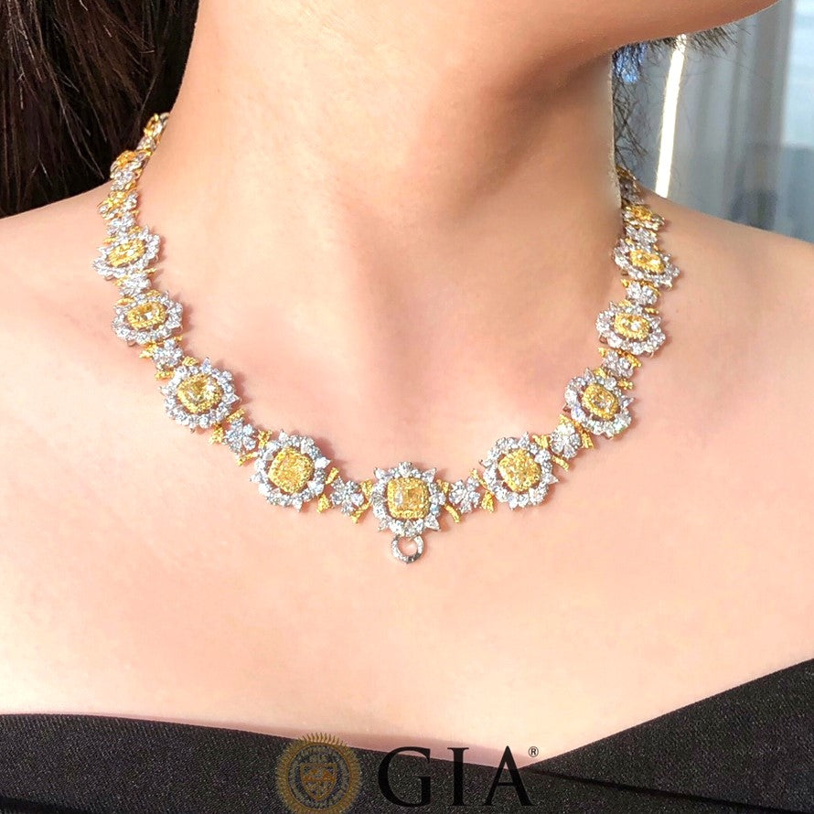 30ct GIA Certified Fancy Yellow and White Diamond Necklace in 18k White Gold