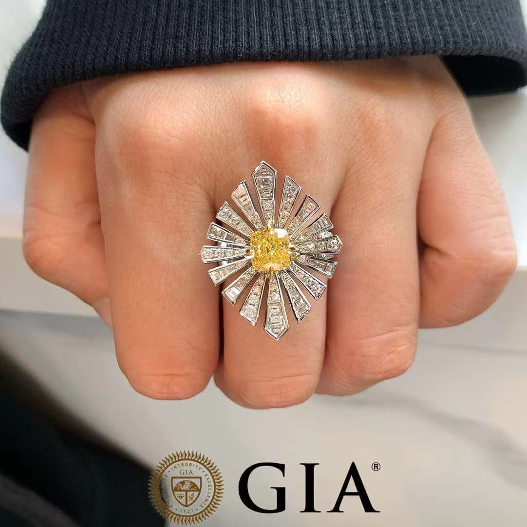 1.51 carat Fancy Vivid Yellow and White Diamond Cocktail Ring with cushion cut