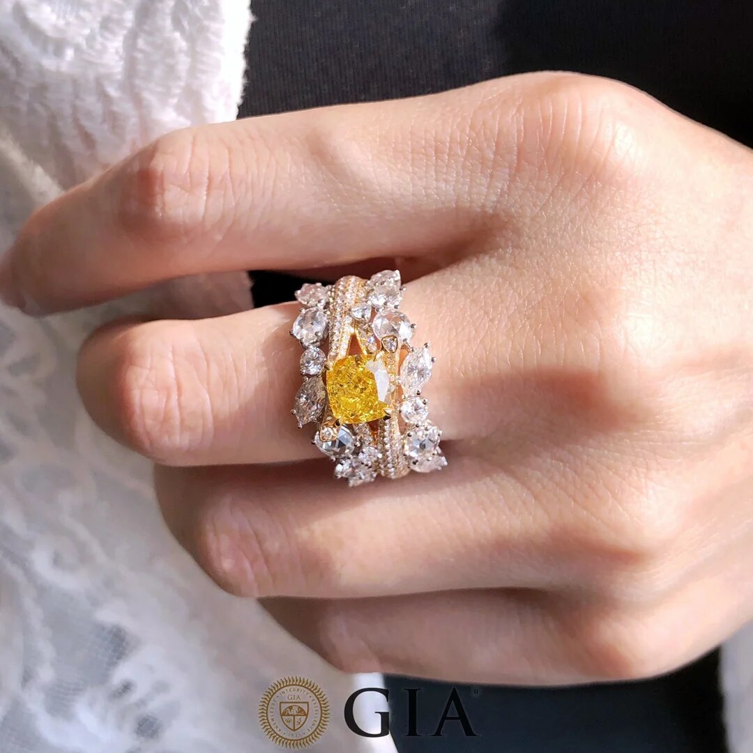 1.52ct Fancy Deep Yellow and 2.60ct White Diamond Multi-Shape Ring in 18k Solid Gold