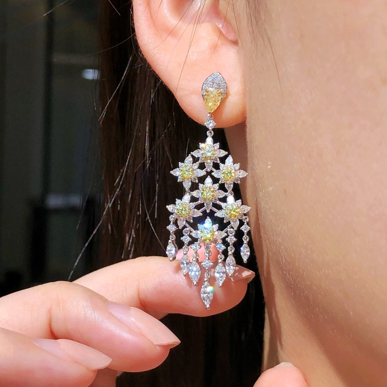 1.89ct Yellow and 3.17ct White Diamond Dangle Earrings in 18K White and Yellow Gold by Eze Jewelry
