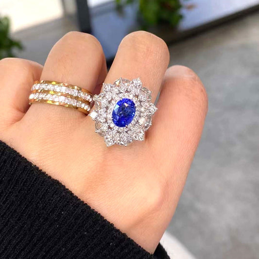 Natural Blue Sapphire Engagement Ring 18K White Gold