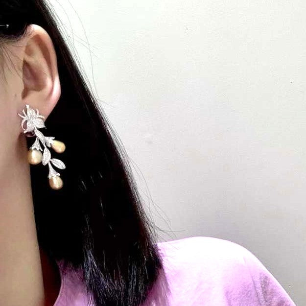Natural Pearl and Diamonds Drop Earrings