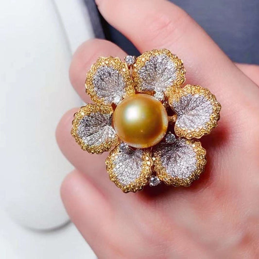 One of A Kind Natural Pearl and Diamond Flower Ring in 18K Gold
