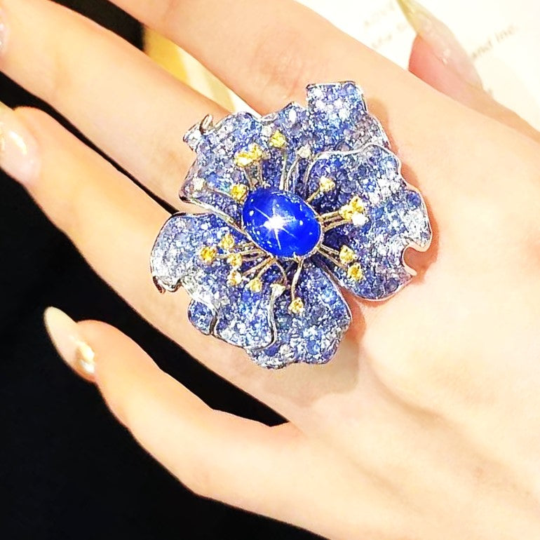 3.48ct Burma Star Sapphire & Diamond Flower Ring in 18K White Gold