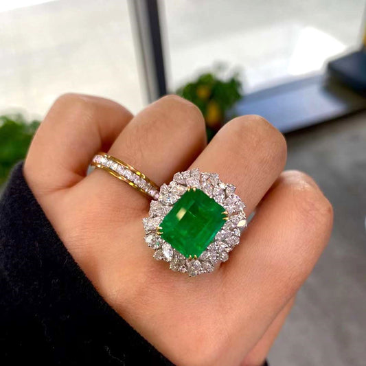 18kt White Gold 5.45 Green Emerald and Diamond Cocktail Ring