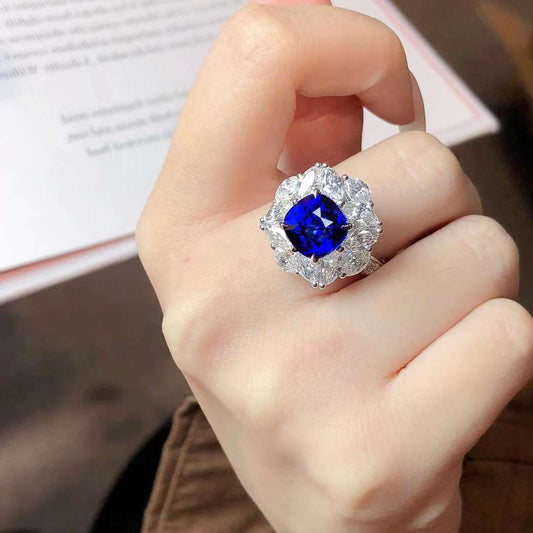 Certified Royal Blue Sapphire Ring Halo Diamonds in 18k White Gold