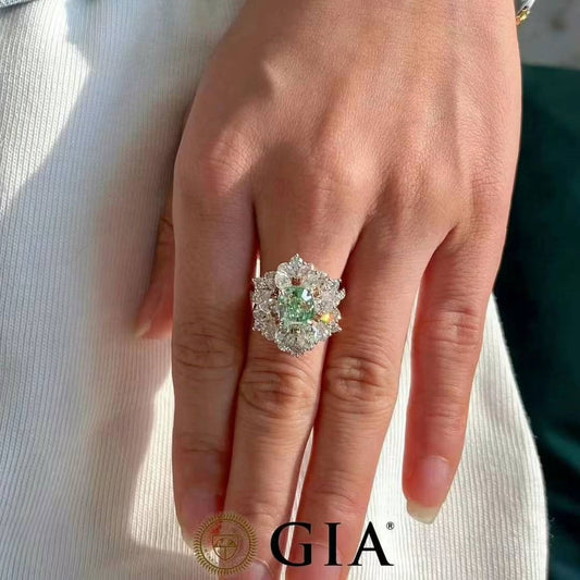 2.49ct GIA Green Cushion Diamond Ring