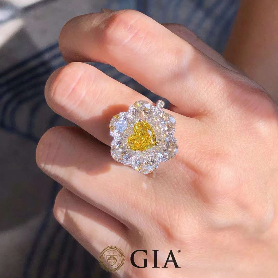 Heart-shaped Fancy Vivid Yellow Diamond Cocktail Ring with White Diamond Halo by Eze Jewelry