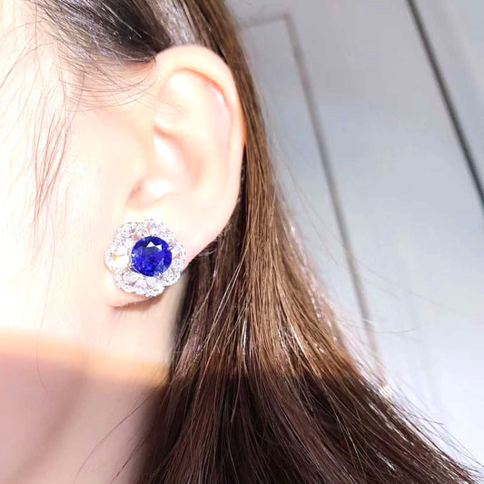 Royal Blue Sapphire with Halo Diamond Stud Earrings in 18k