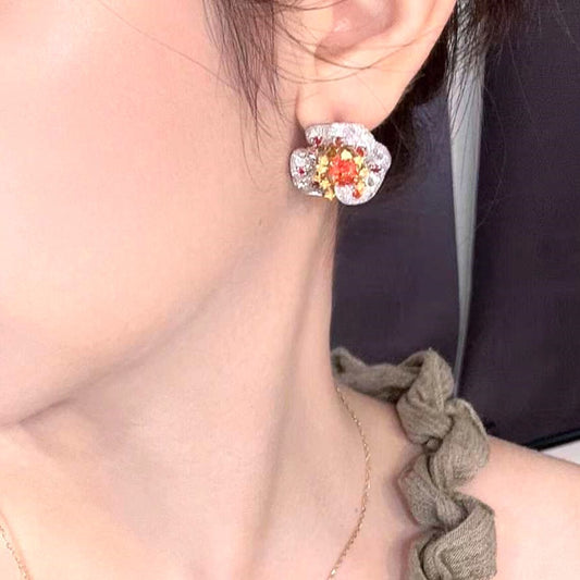 Flower Earrings in Orange Sapphire Diamond