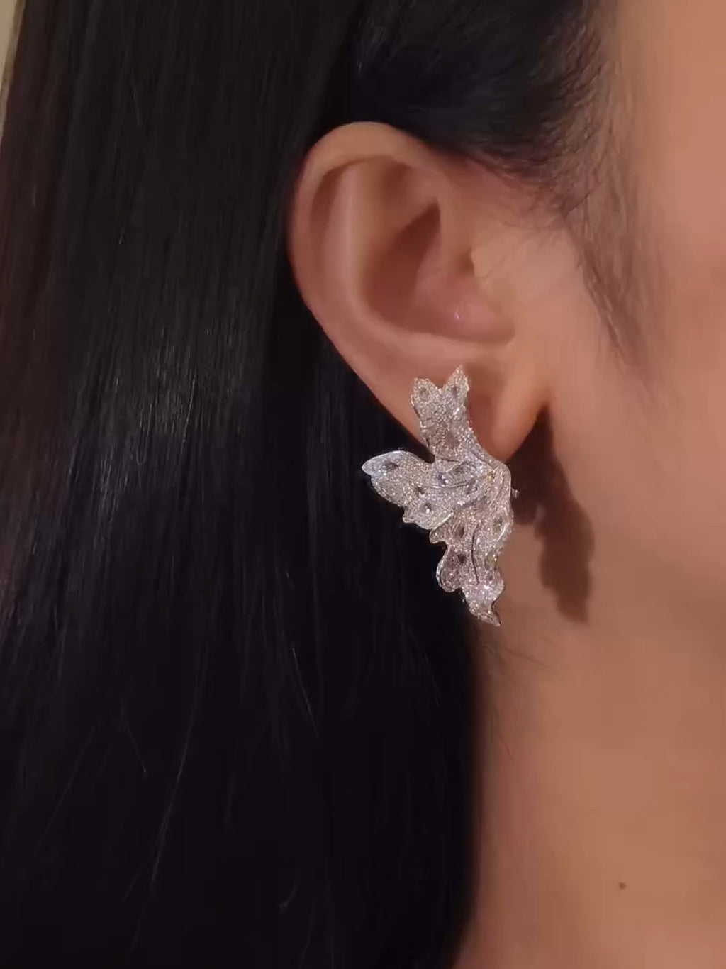 Diamond Paved Leaf Ear Clips