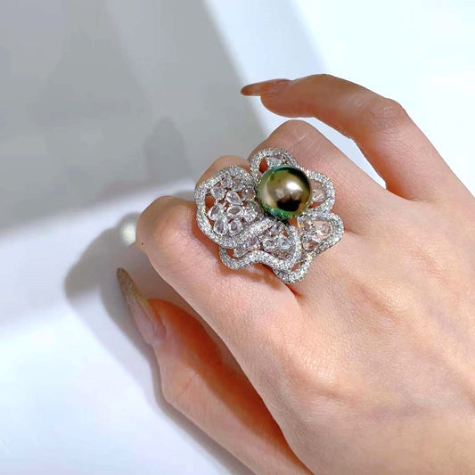 Tahitian Pearl with Diamonds 18K White Gold Flower Ring