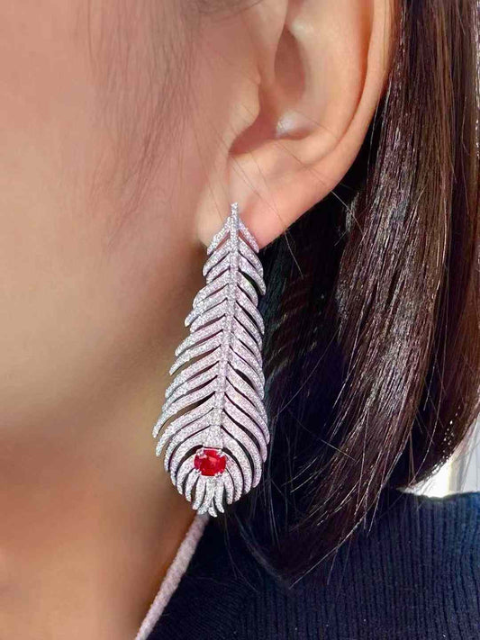 Ruby Feather Drop Earrings with Diamonds in 18K Gold