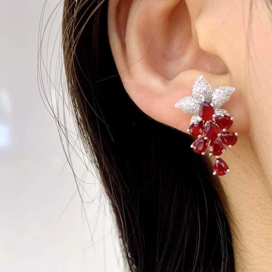 Natural Ruby Diamond Earrings In 18k White Gold