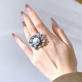 18K White Gold Natural Pearl Diamond Cocktail Ring Women Jewelry