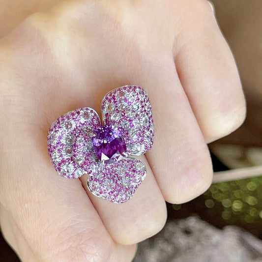 Sapphire & Diamond Petal Flower Cocktail Ring 18k White Gold