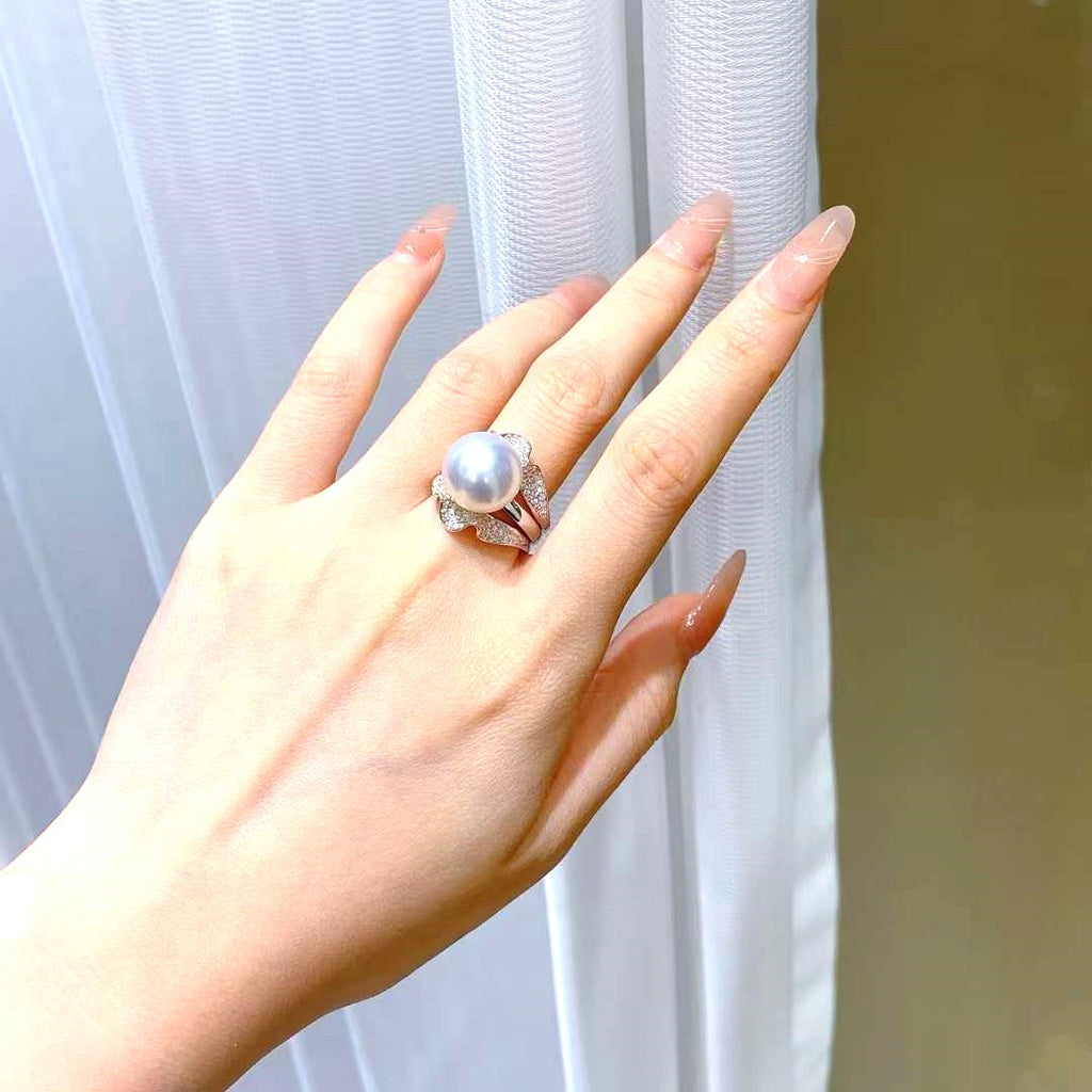 Pearl Diamond Pave Texture Waves Ring