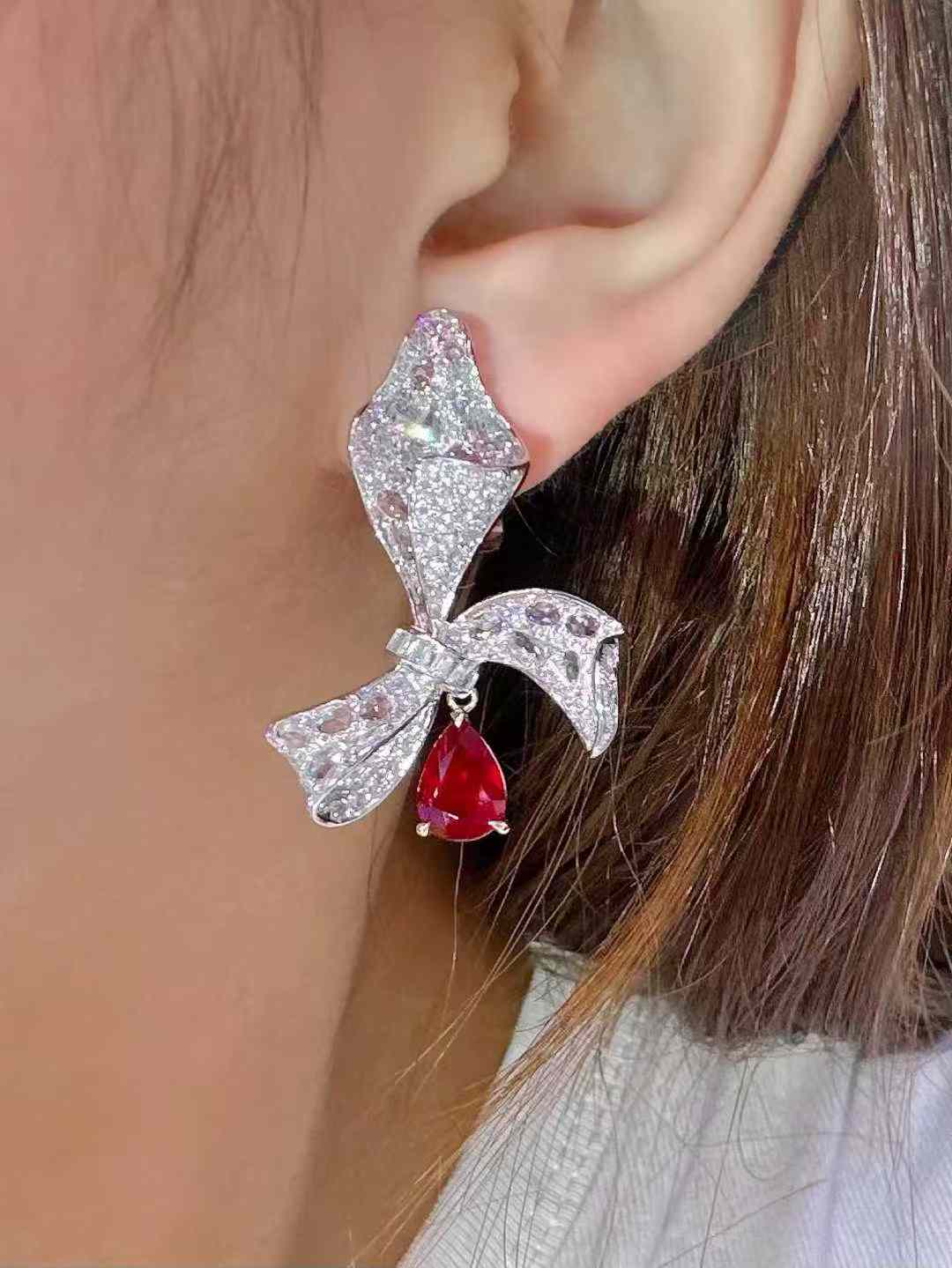 Bow Drop Ruby and Diamond Earrings
