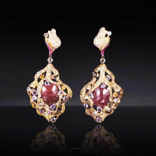 18K Solid Gold Drop Dangle Earrings with Color Sapphires, Ruby & Diamonds