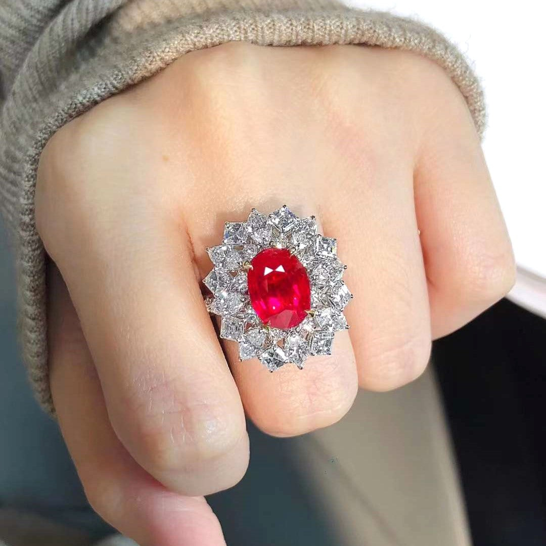 Certified 3.13 Carat Ruby Halo Diamond Ring in 18k White Gold