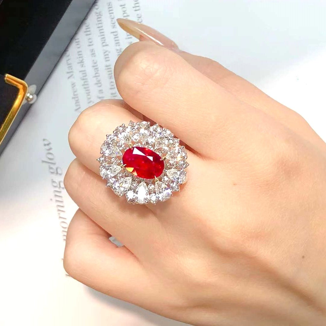 Certified 3.17 Carat Ruby Halo Diamond Ring in 18k White Gold