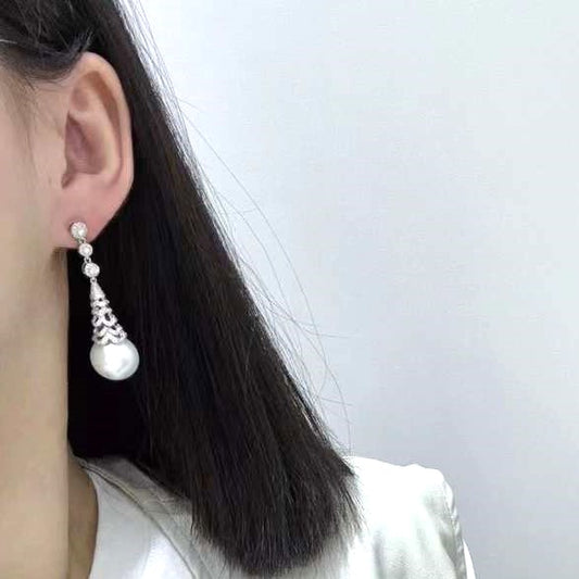 Art Déco Style Pearl Diamond Drop Earrings in 18k White Gold