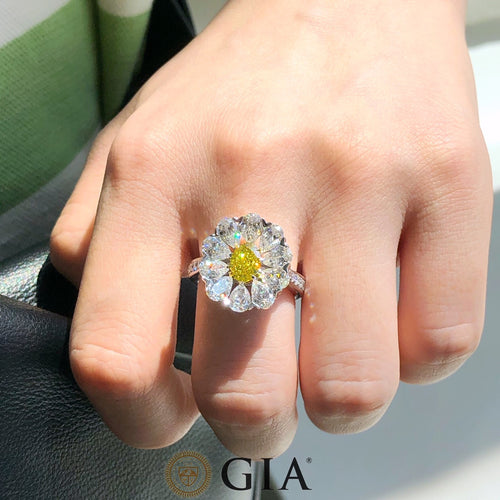“1ct GIA vivid yellow oval diamond halo ring in 18k white gold”