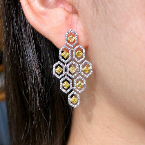 2.25ct Yellow and 1.23ct White Diamond Drop Earrings in 18K White and Yellow Gold by Eze Jewelry