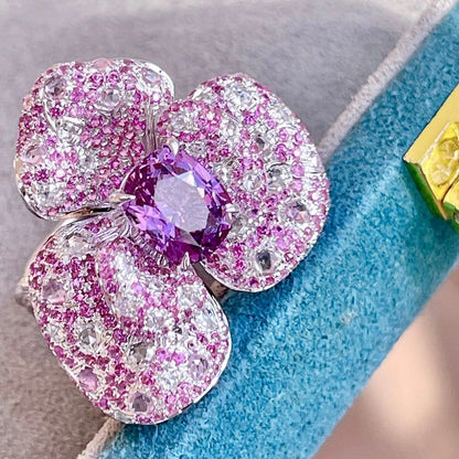Sapphire & Diamond Petal Flower Cocktail Ring 18k White Gold
