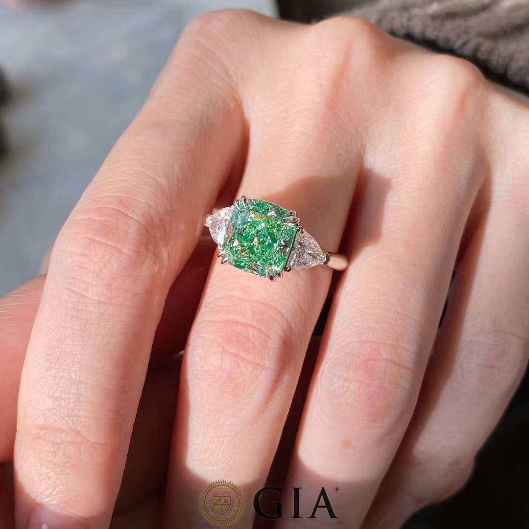 Green Diamond Three Stone Engagement Ring