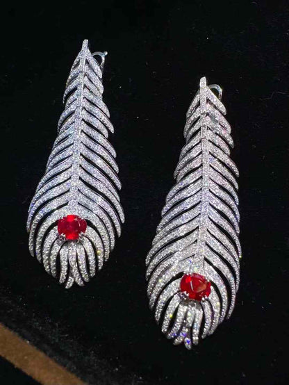 Ruby Feather Drop Earrings with Diamonds in 18K Gold