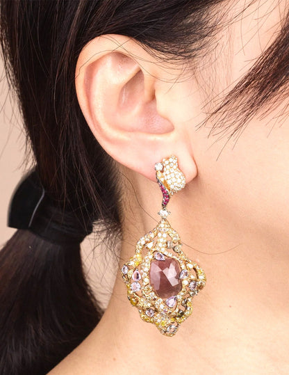 18K Solid Gold Drop Dangle Earrings with Color Sapphires, Ruby & Diamonds