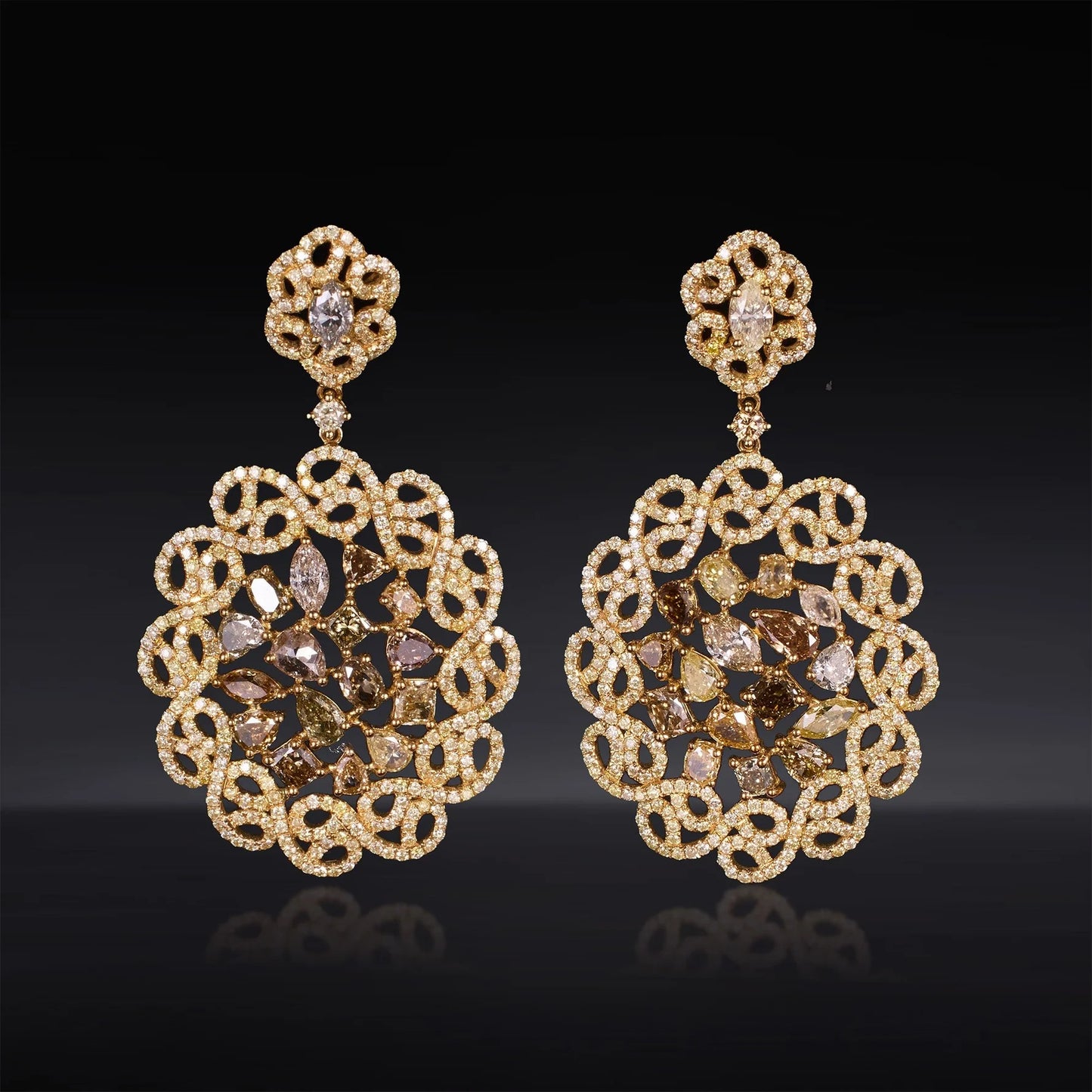 Dangle Earrings with White Marquise and Fancy Color Diamonds