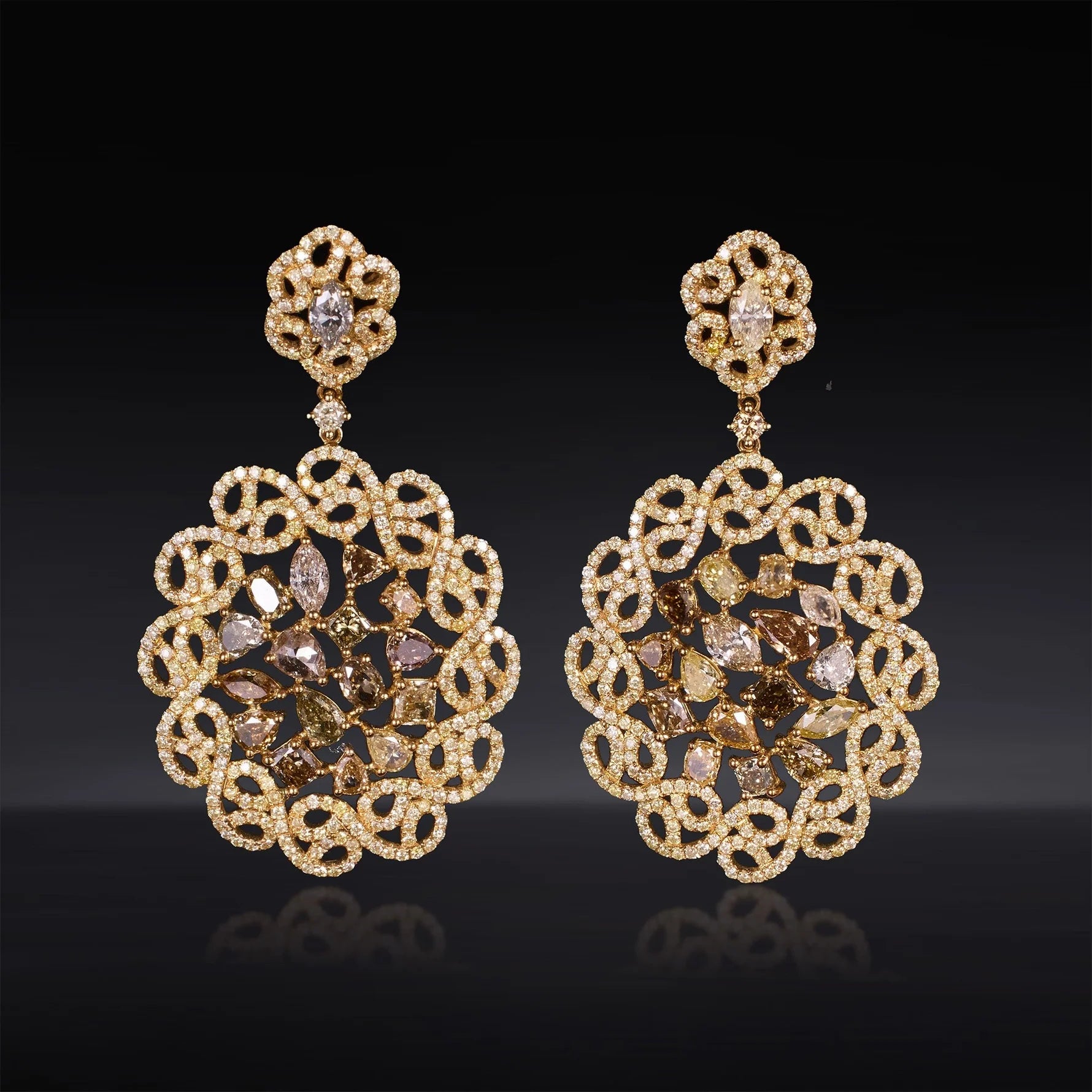 Dangle Earrings with White Marquise and Fancy Color Diamonds