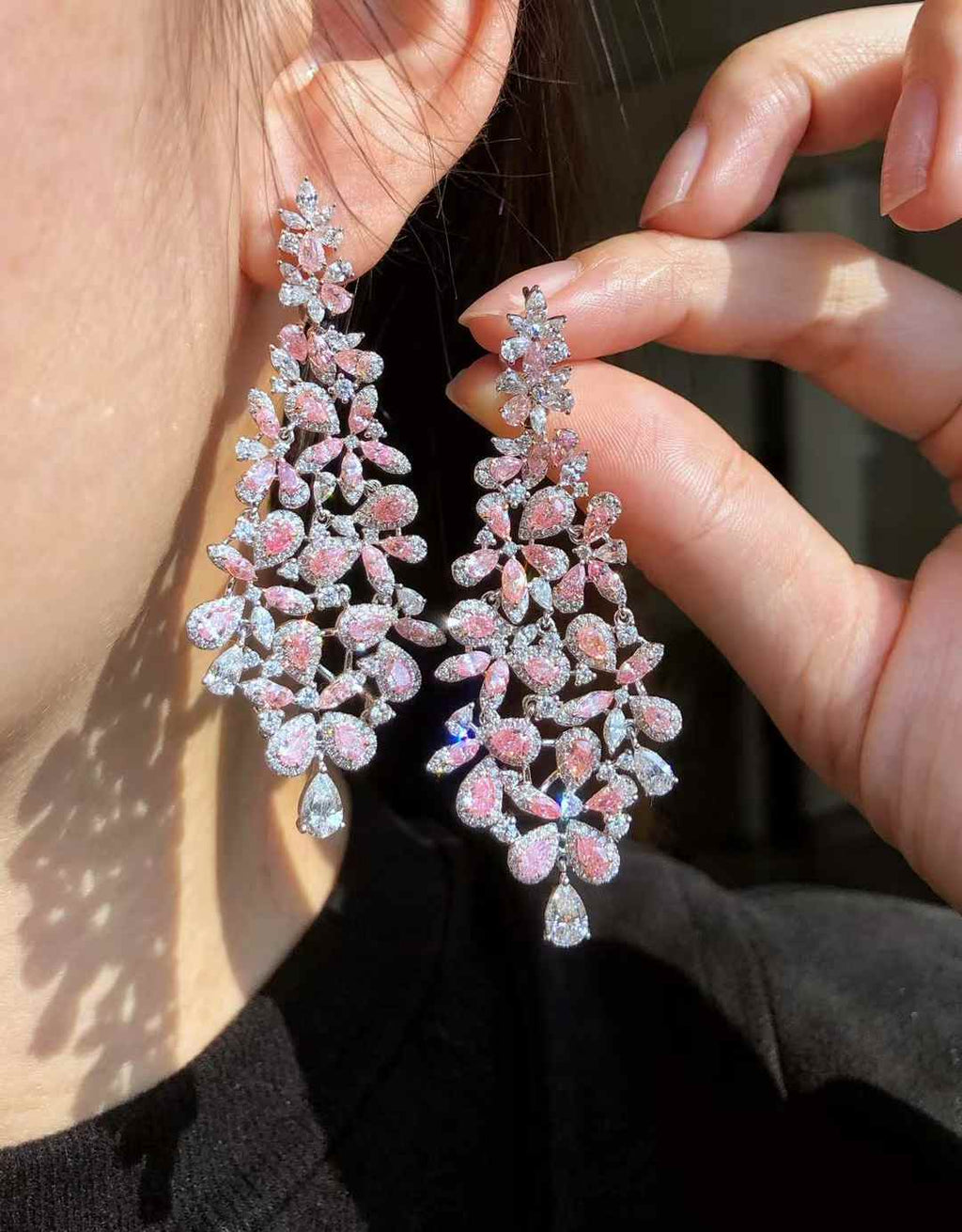 Pink and White Diamond Dangle Earrings