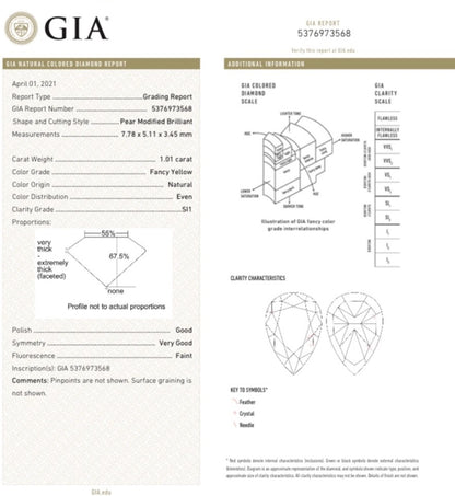 GIA Certified Pear Cut Fancy Yellow Diamond 