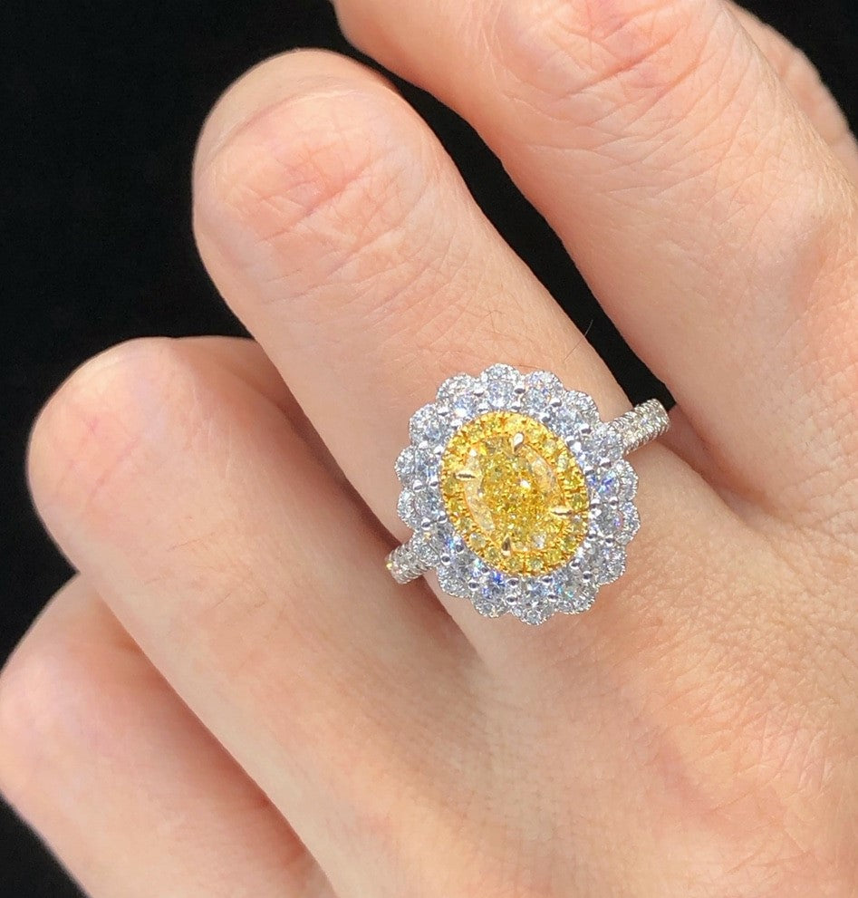 Yellow Oval Diamond Double Halo Ring