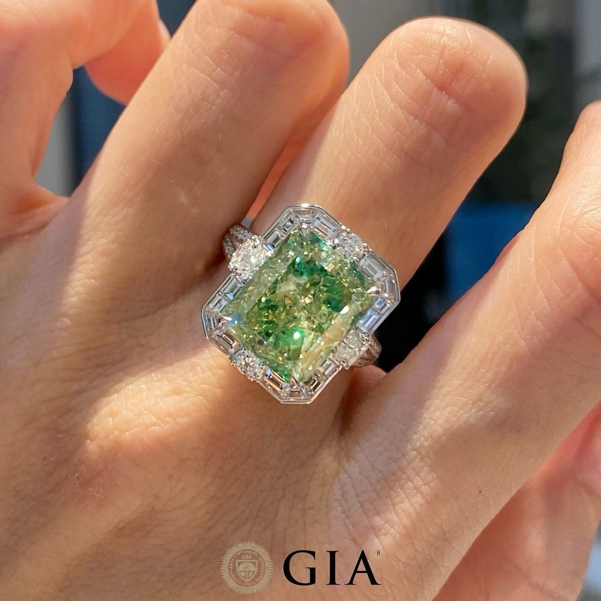 GIA 8.09ct Green Diamond Ring with 1.58ct Accent Diamonds