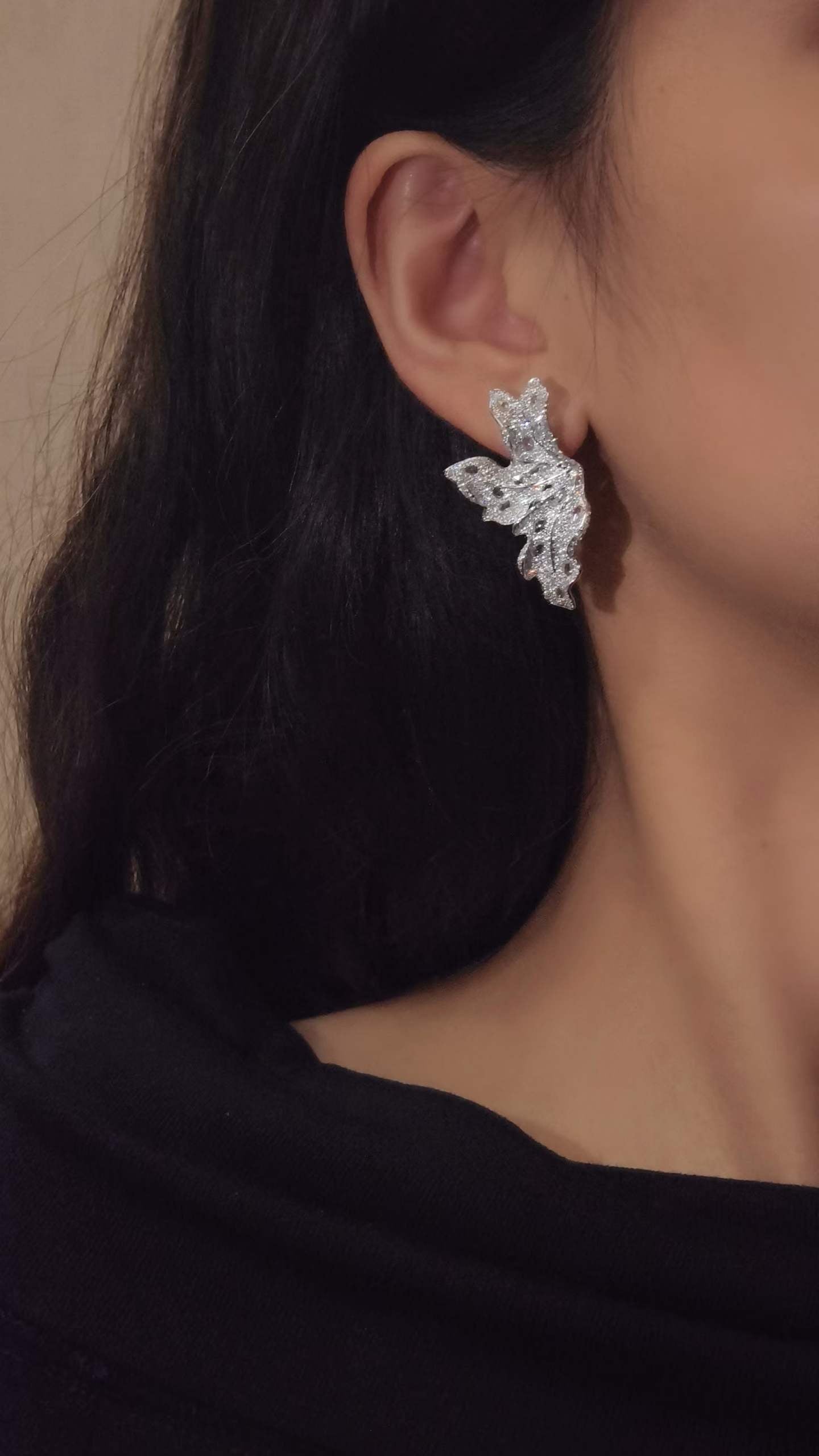Diamond Paved Leaf Ear Clips