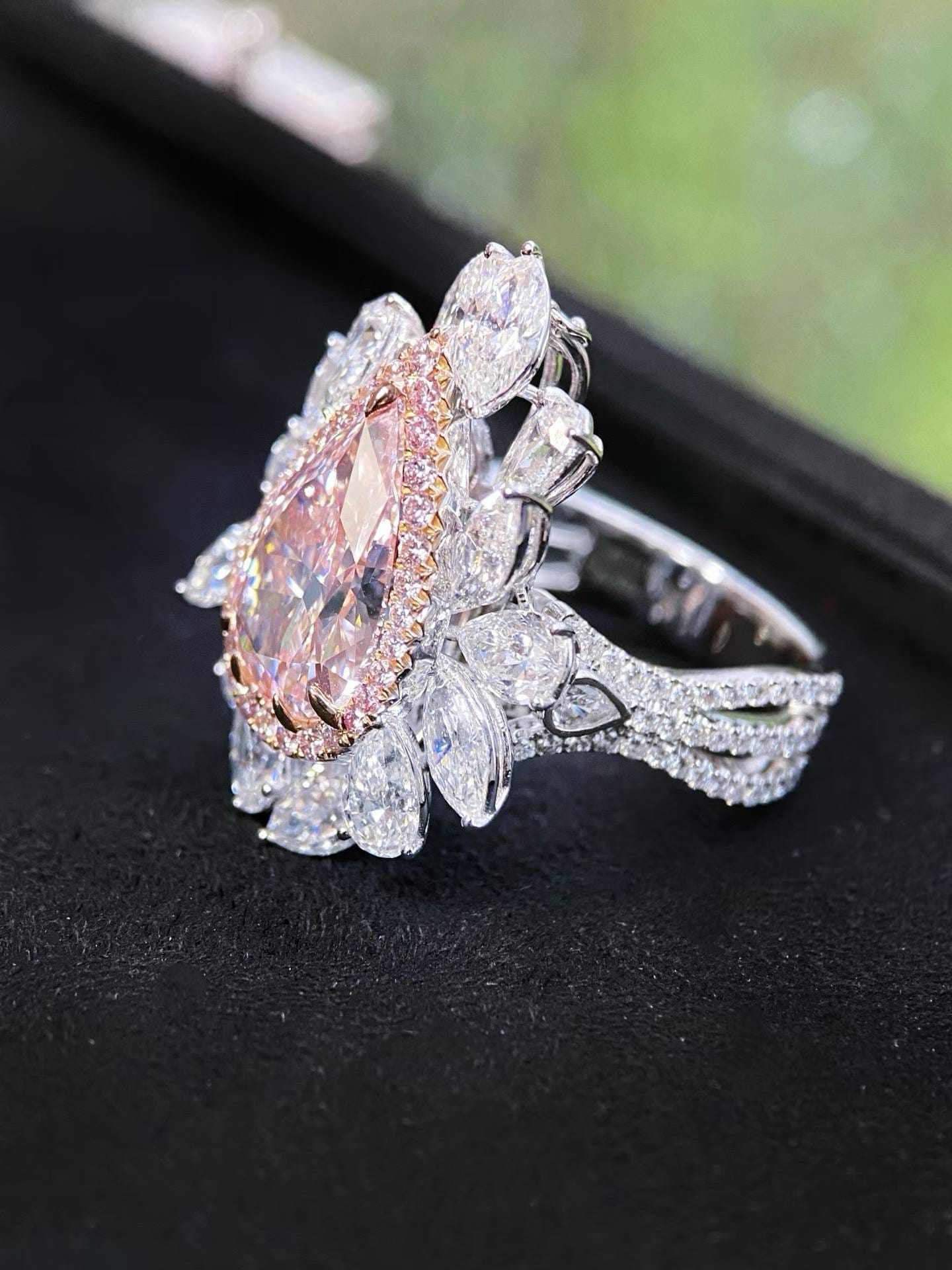 GIA 4ct Fancy Light Pinkish Brown Pear Diamond Halo Ring