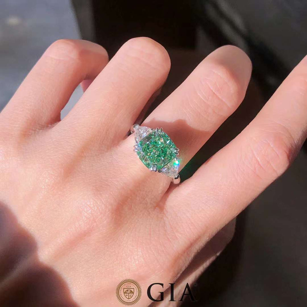 Green Diamond Three Stone Engagement Ring