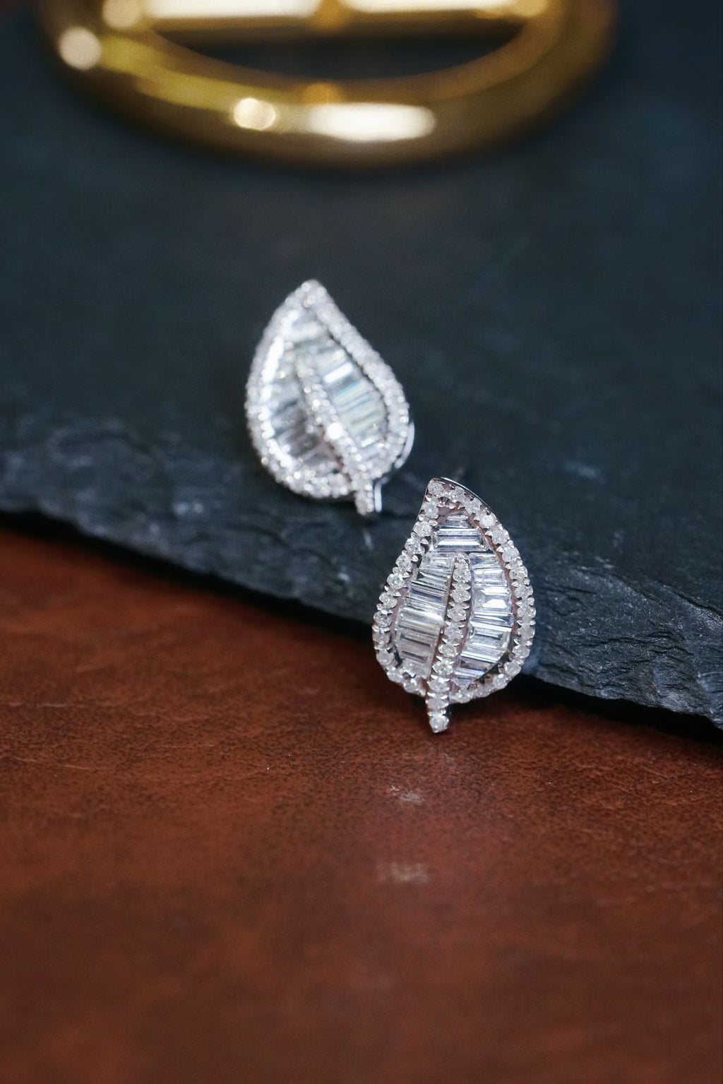 18K Tapered Leaf Diamond Stud Earrings