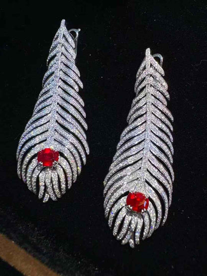 Ruby Feather Drop Earrings with Diamonds in 18K Gold