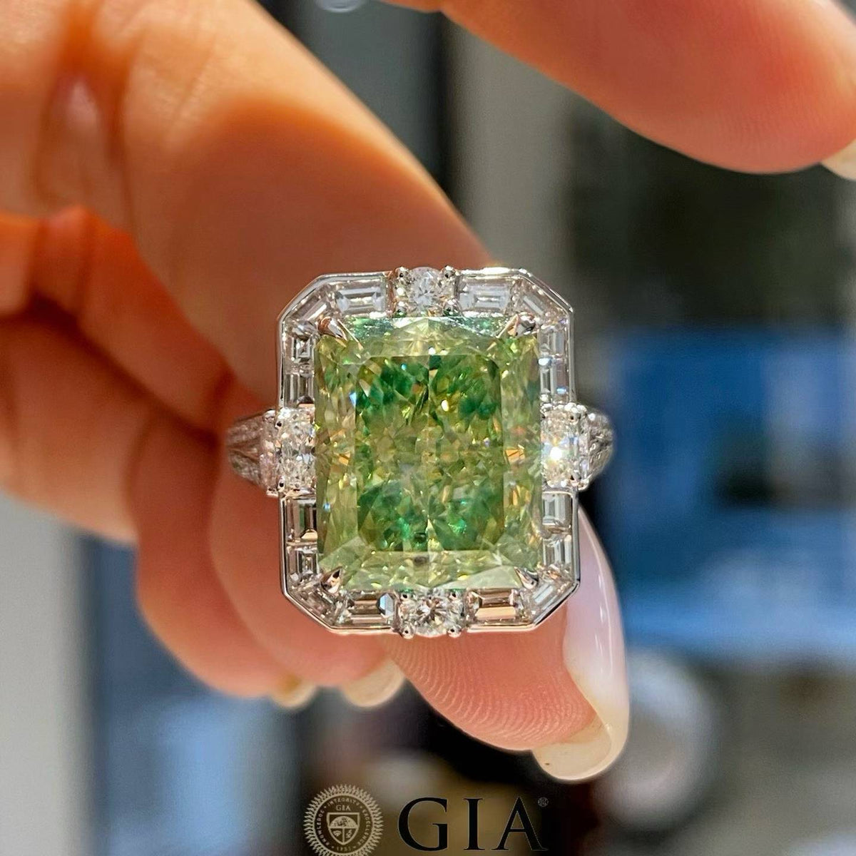 GIA 8.09ct Green Diamond Ring with 1.58ct Accent Diamonds