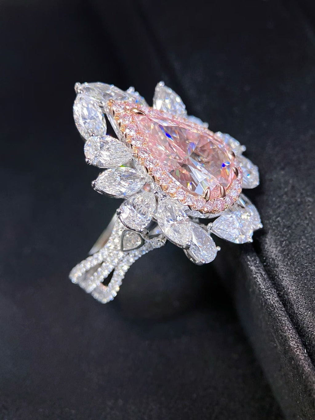 GIA 4ct Fancy Light Pinkish Brown Pear Diamond Halo Ring